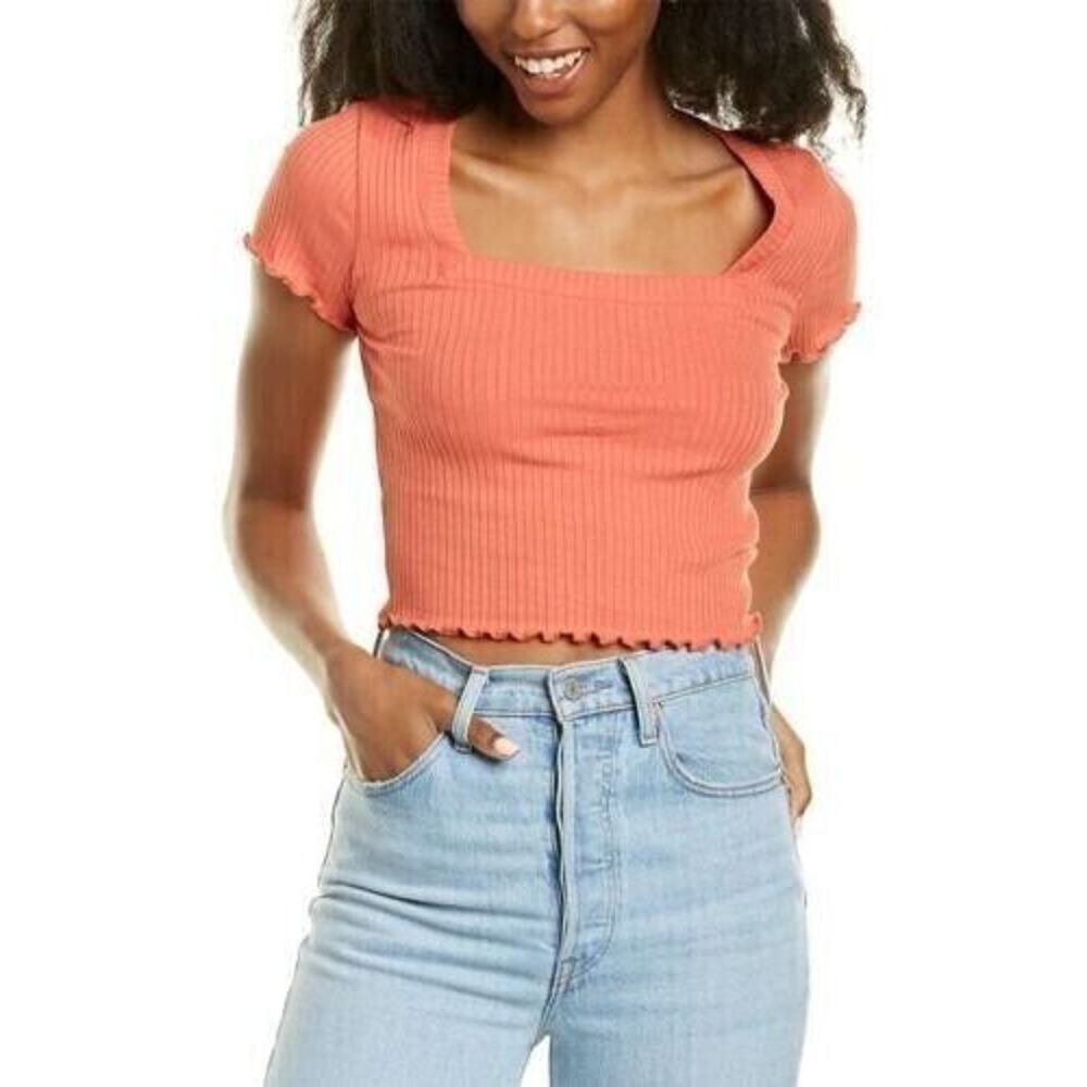 Socialite Women's Ribbed Square Neck Short‎ Sleeve Top In Ginger Large MSRP $34